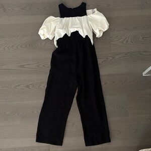 Zara Black and White Puff-Sleeve Jumpsuit